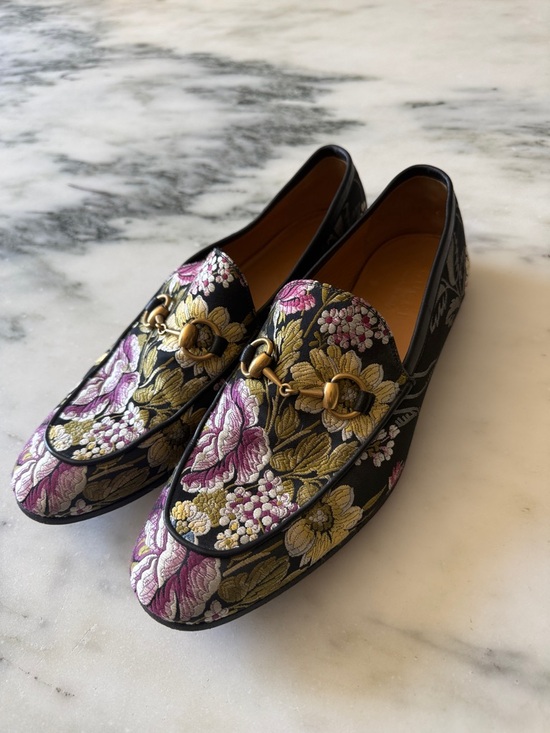 Gucci Shoes - Gucci Black Loafers with Gold Horsebit and Pink Floral Embroidery